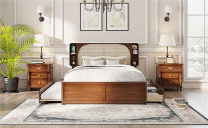 Queen Size Headboard Bed With 2 Drawers And Trundle Walnut