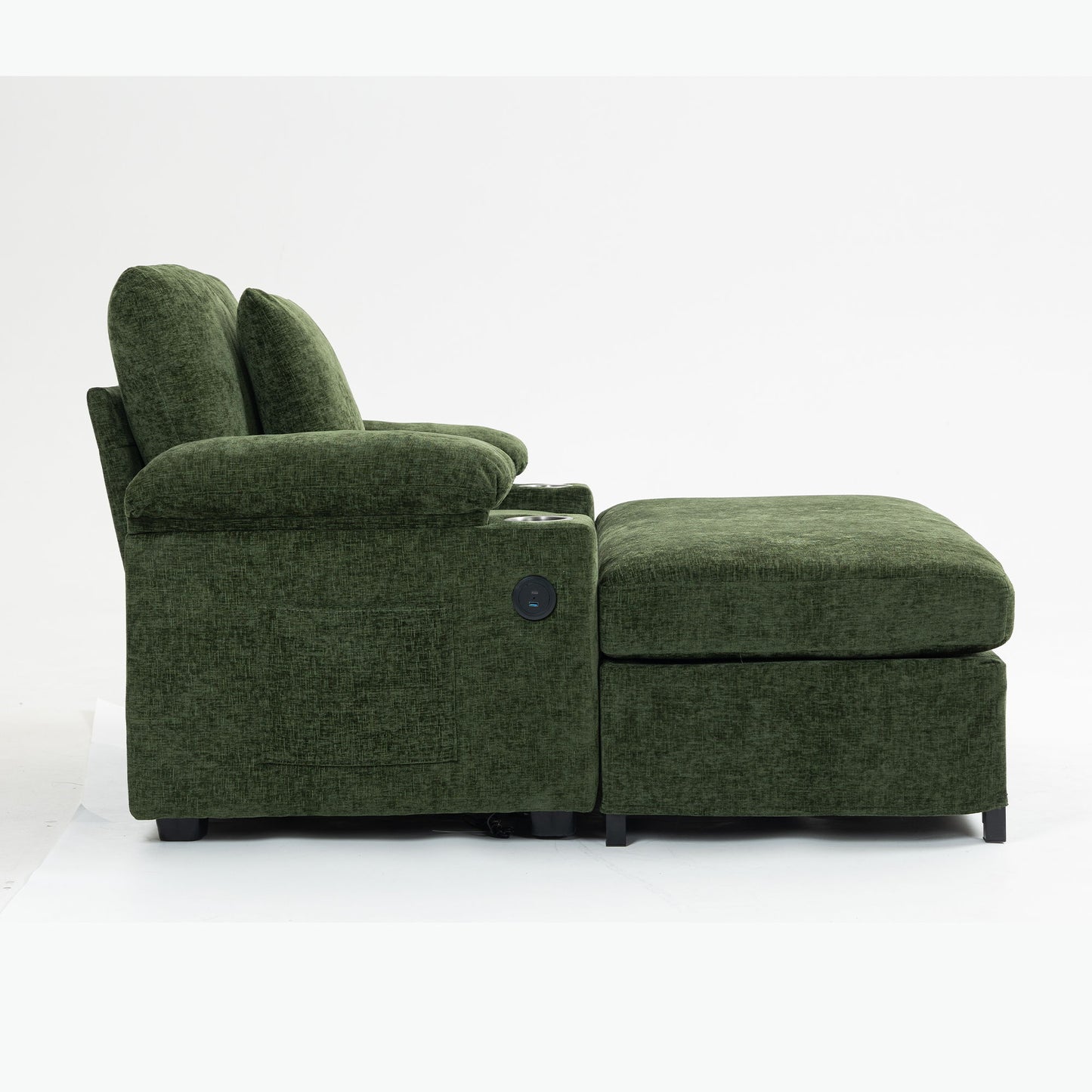 Modern Oversized Chair With Ottoman, Chenille Fabric Sofa Bed, Accent Chair Comfy Sofa With Cupholders And USB Charging Ports Chair For Living Room, Bedroom, Apartment - Green