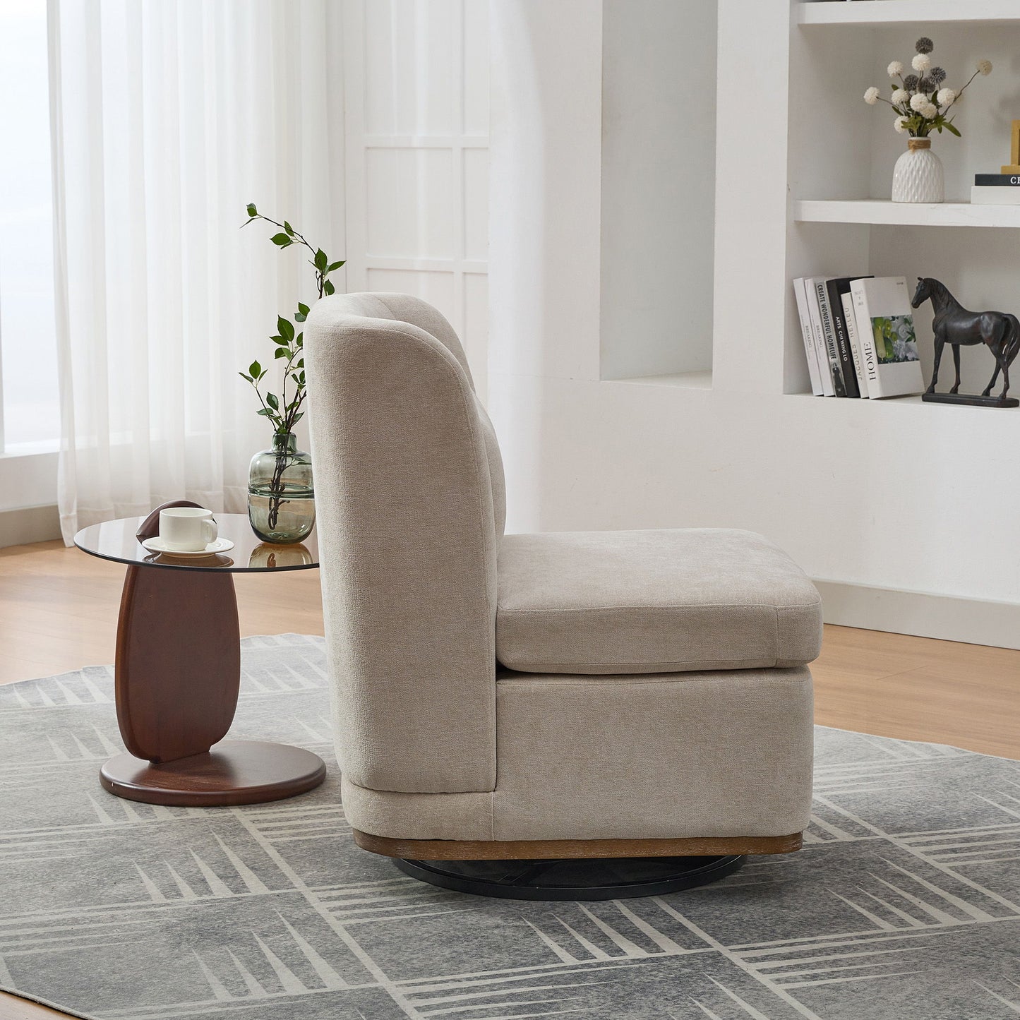 Modern Cushioned Armless Metal Base 360 Degree Swivel Chair With Pillow, Suitable For Living Room, Family Room, Bedroom, Lounge Area, Office - Beige