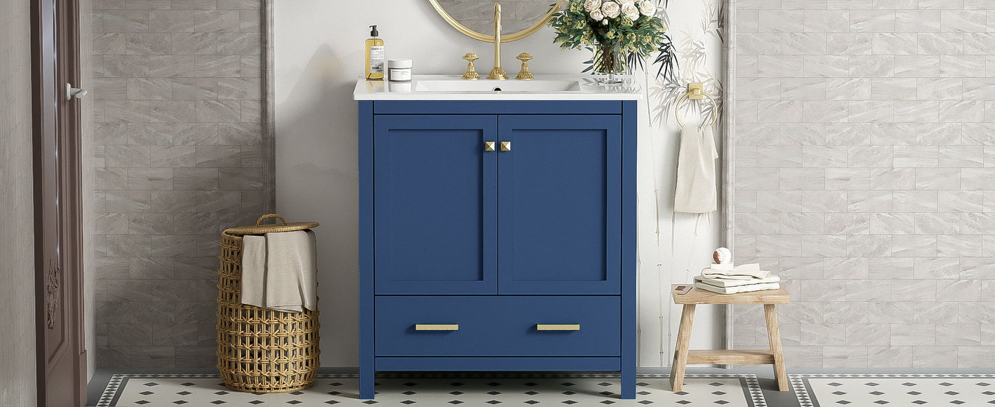 Bathroom Vanity With Single Sink, Combo Cabinet Undermount Sink, Bathroom Storage Cabinet With 2 Doors And A Drawer, Soft Closing, Multifunctional Storage, Solid Wood Frame - Blue