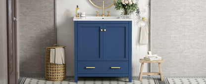Bathroom Vanity With Single Sink, Combo Cabinet Undermount Sink, Bathroom Storage Cabinet With 2 Doors And A Drawer, Soft Closing, Multifunctional Storage, Solid Wood Frame - Blue