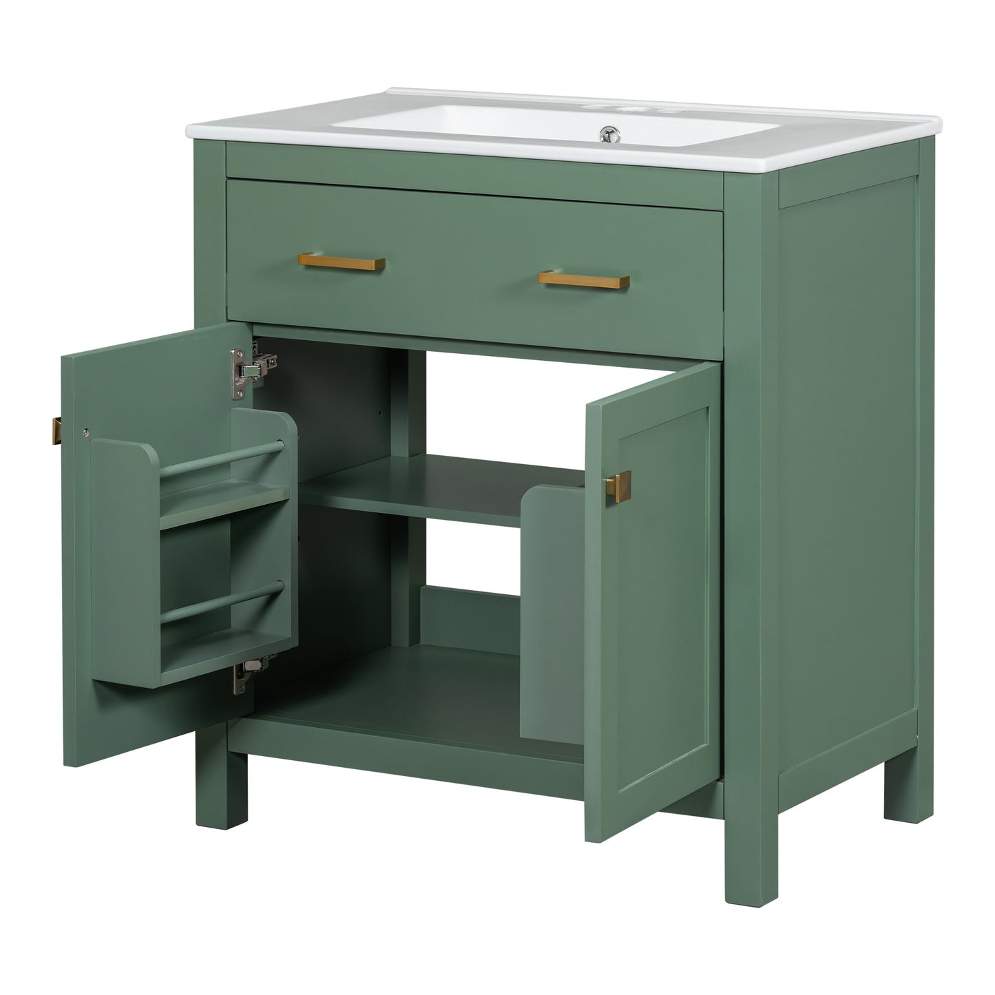 Bathroom Vanity With Ceramic Sink, Modern Single Bathroom Cabinet With 2 Doors And A Shelf, Soft Close Doors - Green