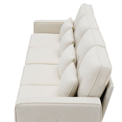 4 Seater Modern Linen Sofa With Armrest Pockets And 4 Pillows, Minimalist Style Couch - Beige