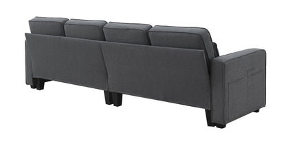 4 Seater Modern Linen Sofa With Armrest Pockets And 4 Pillows, Minimalist Style Couch - Dark Gray