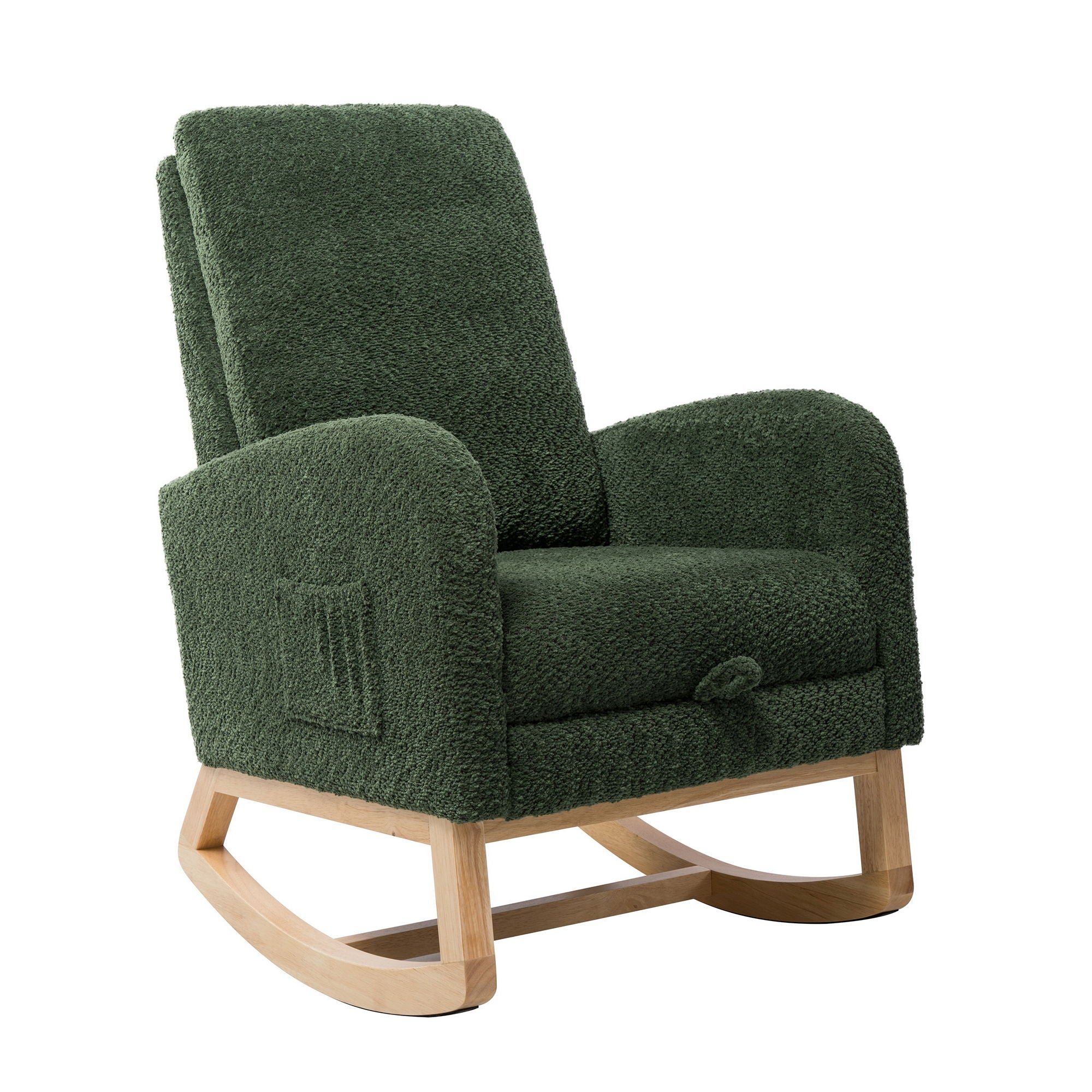 Boucle High Back Glider Rocking Chair With Retractable Footrest And Rubber Wood Legs For Nursery And Living Room - Green