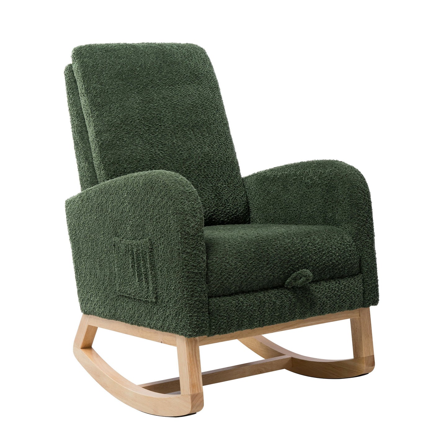 Boucle High Back Glider Rocking Chair With Retractable Footrest And Rubber Wood Legs For Nursery And Living Room - Green