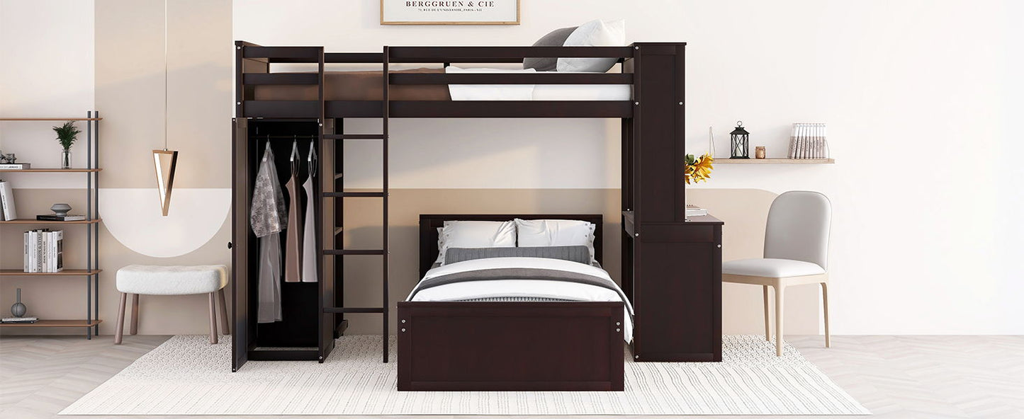 Twin Size Loft Bed With A Stand Alone Bed, Shelves, Desk, And Wardrobe - Espresso