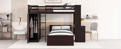 Twin Size Loft Bed With A Stand Alone Bed, Shelves, Desk, And Wardrobe - Espresso