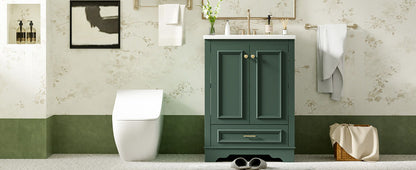 Bathroom Vanity With Ceramic Sink Combo, Modern Freestanding Storage Cabinet With Silver Handles, Soft Closing Doors - Green