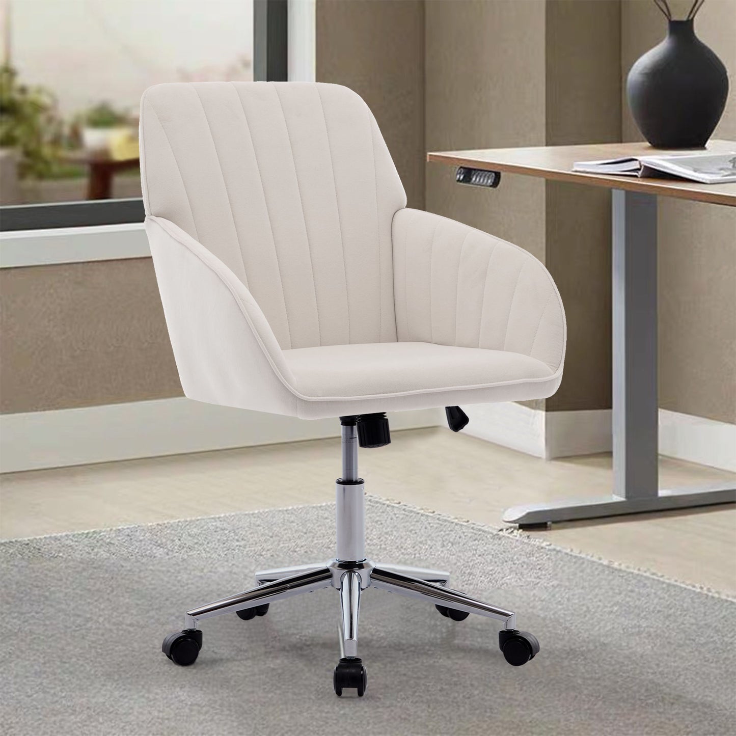 Adjustable Office Chair, Ergonomic Swivel Chair, Velvet Backrest Seat, Comfortable For Long Sitting - Beige