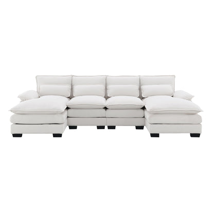 Modern U-Shaped Sectional Sofa With Waist Pillows, 6 Seat Upholstered Symmetrical Sofa Furniture, Sleeper Sofa Couch With Chaise Lounge - White