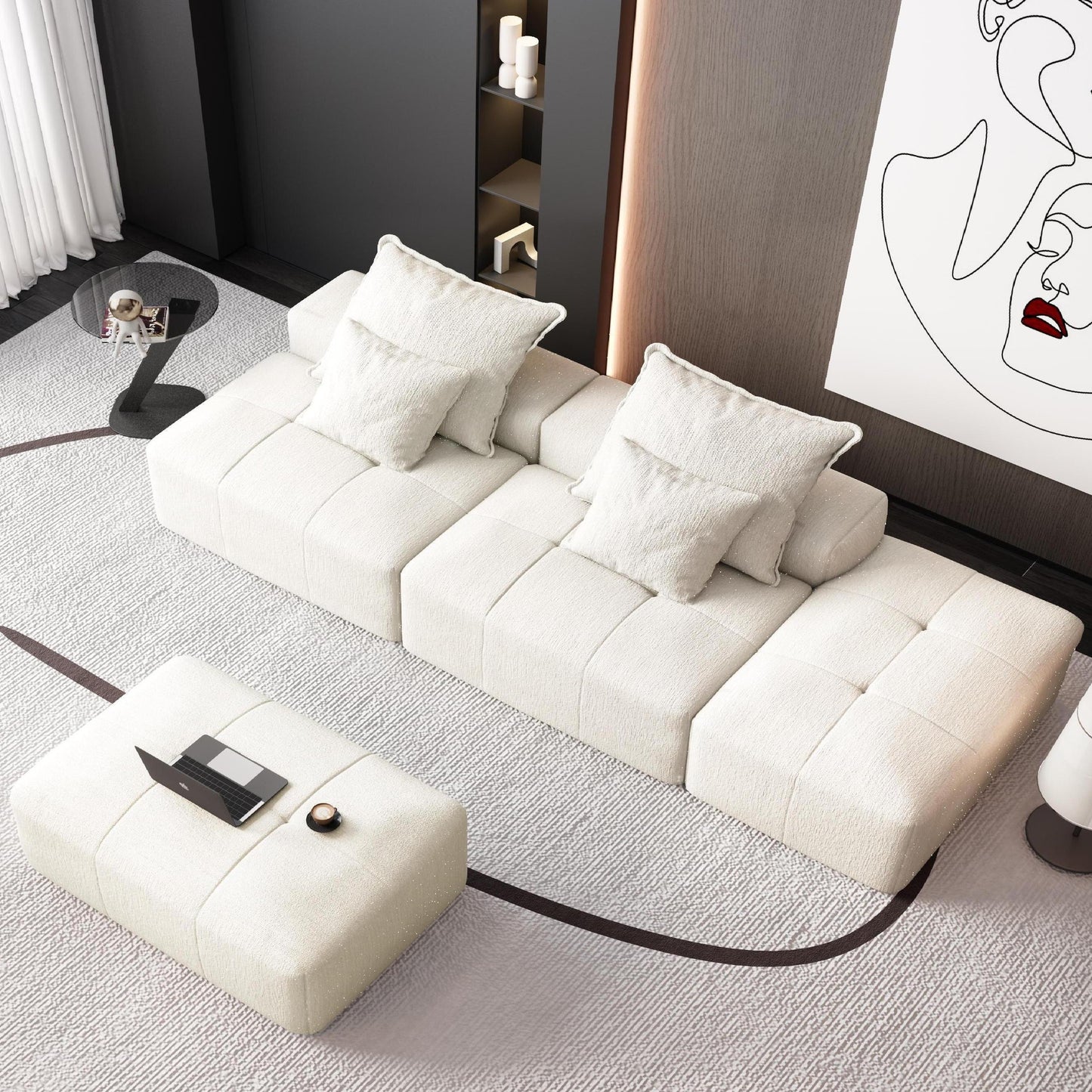 Modern Oversized Modular Sectional Sofa With 2 Ottoman And 2 Seat, Sparkling Chenille Fabric Soft Cushion Sofa With 4 Pillows, 4 Pieces Diy Combination Tufted Sofa, No Assembly Required - Beige