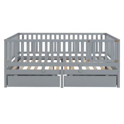 Full Size Daybed With Fence Guardrails And 2 Drawers - Gray