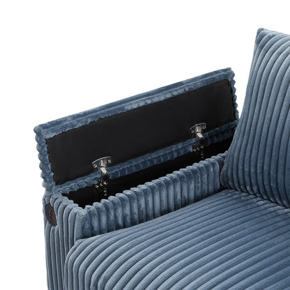Modern 4 Seater Corduroy Sofa Couch With USB Ports, Hidden Storage, Flip Top Cup Holders - Blue