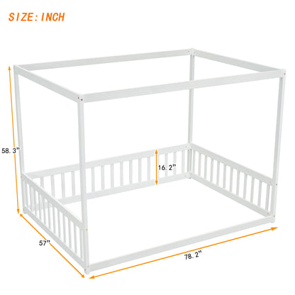 Full Size Canopy Frame Floor Bed With Fence, Guardrails - White