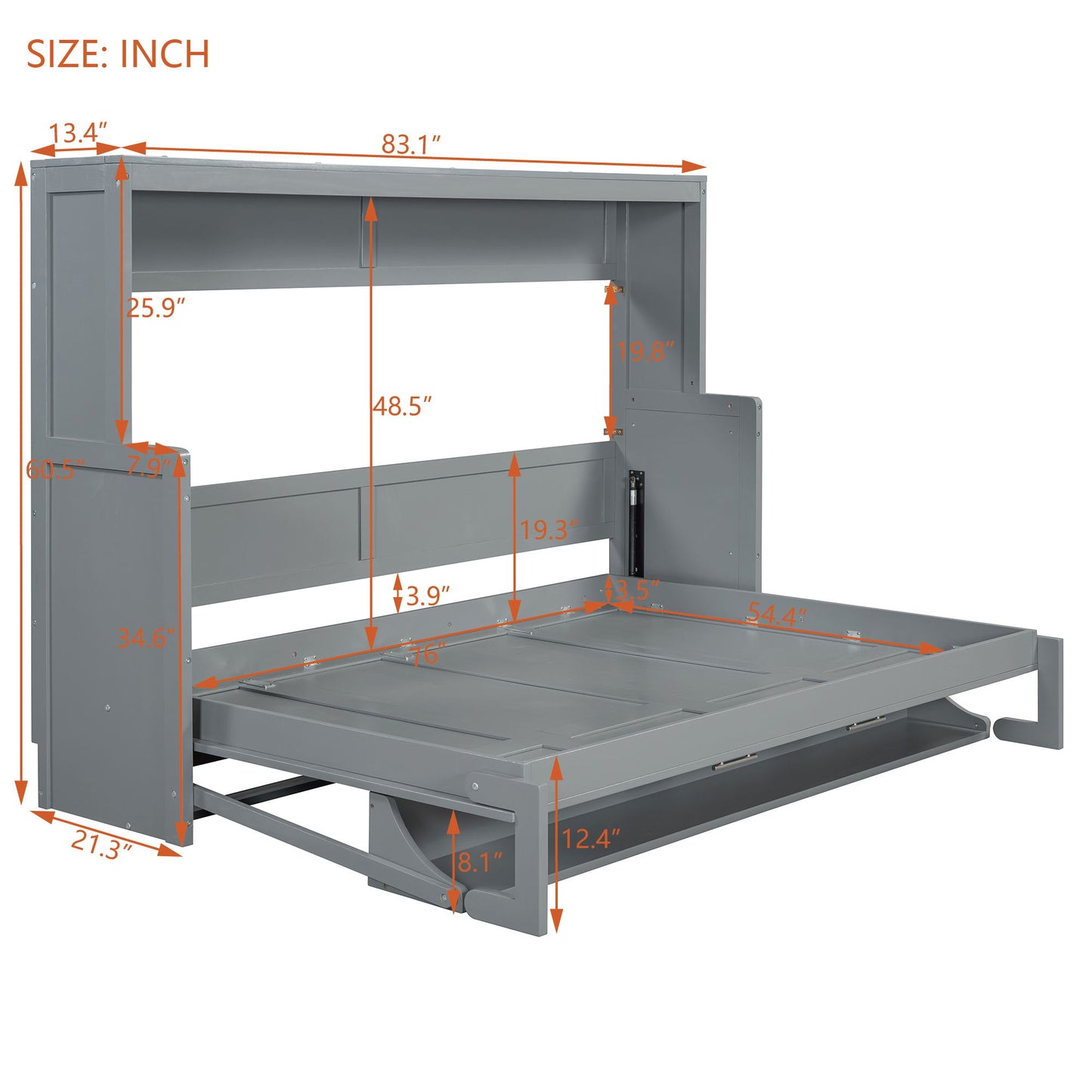 Full Size Murphy Bed With Hydraulic Lift & Desk Design - Gray