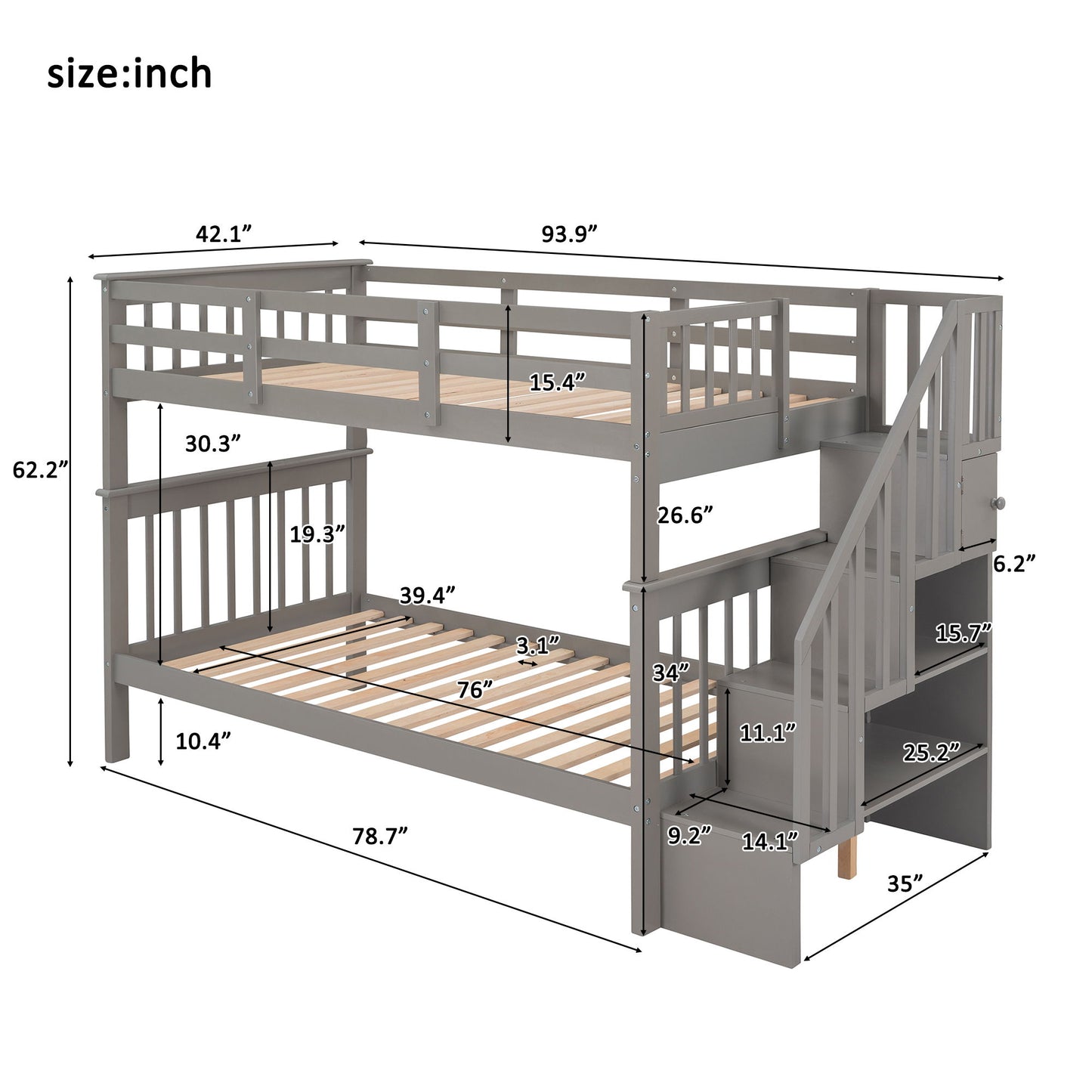 Stairway Twin Over Twin Bunk Bed With Storage And Guard Rail For Bedroom - Gray