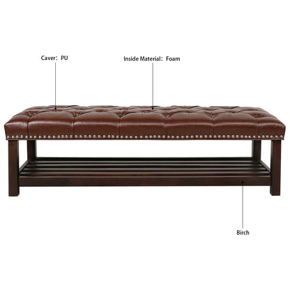 Bedroom End Of Bed Bench Tufted Upholstered End Of Bed Bench End Of Bed Entrance Shoe Bench, 60" With Nailhead Trim And Shelf Bedroom Upholstered Leather Bench Living Room Shoe Rack Footstool - Dark Brown