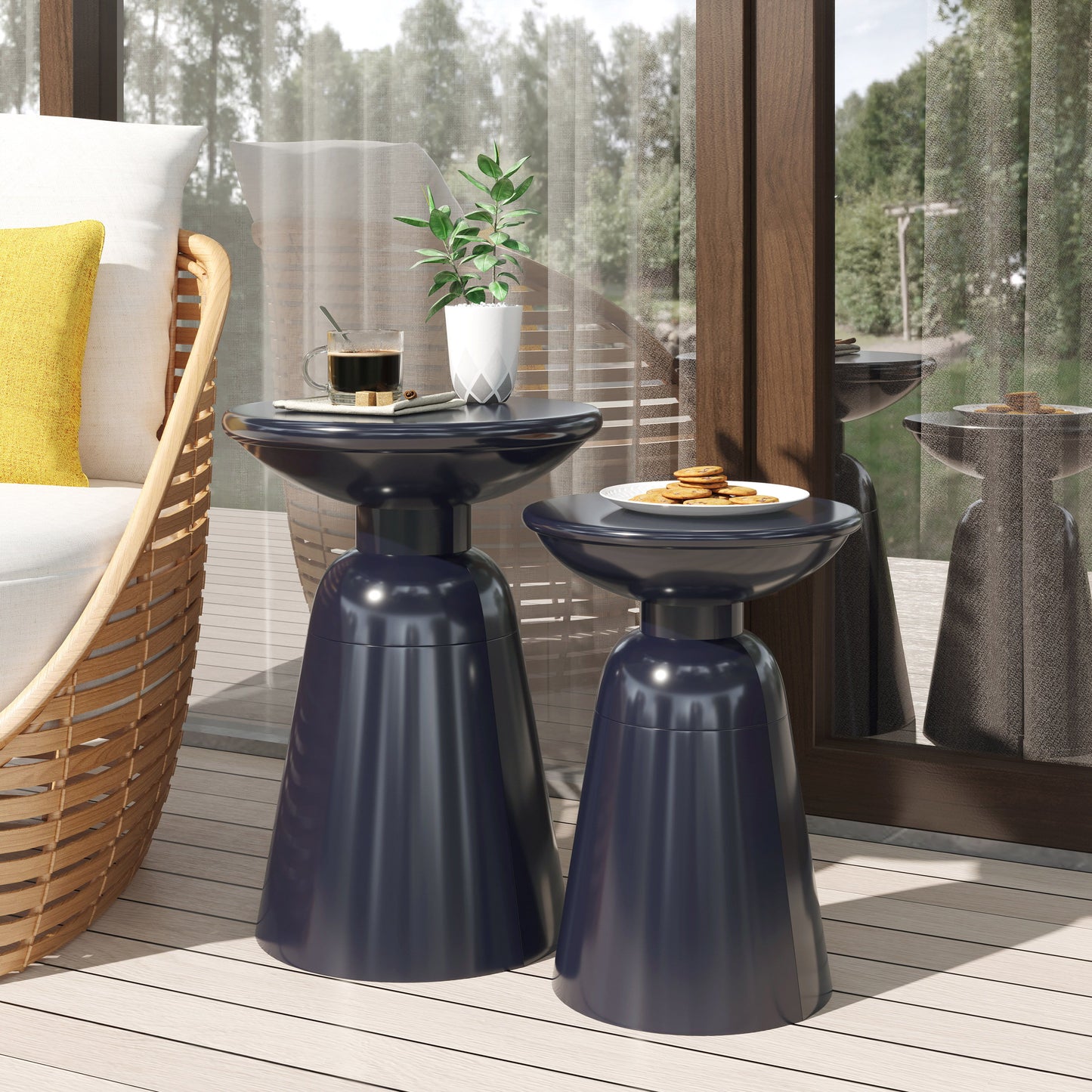 Serenita - Outdoor Iron Side Tables With Flared Design, (Set of 2) - Navy Blue