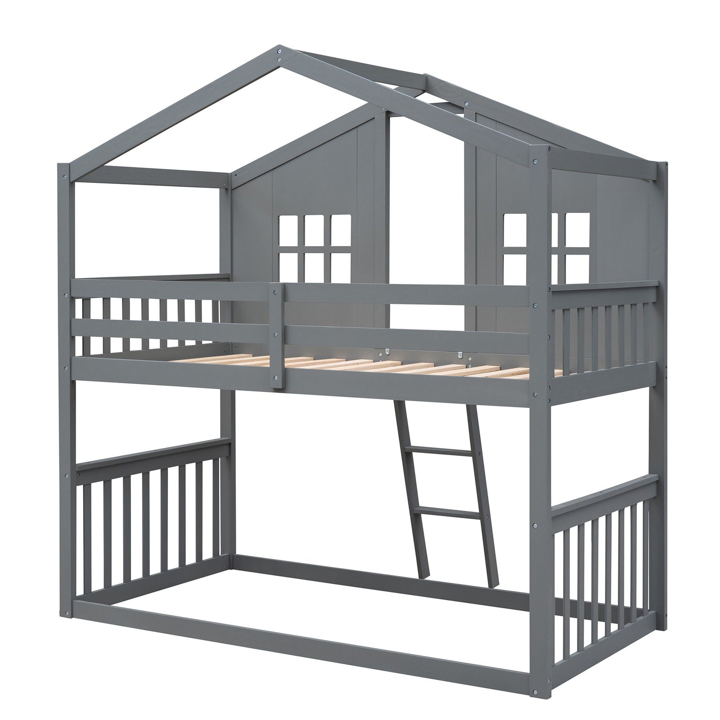 Twin Over Twin House Bunk Bed With Ladder - Gray