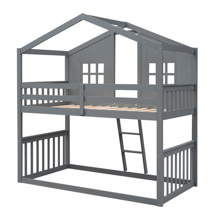 Twin Over Twin House Bunk Bed With Ladder - Gray
