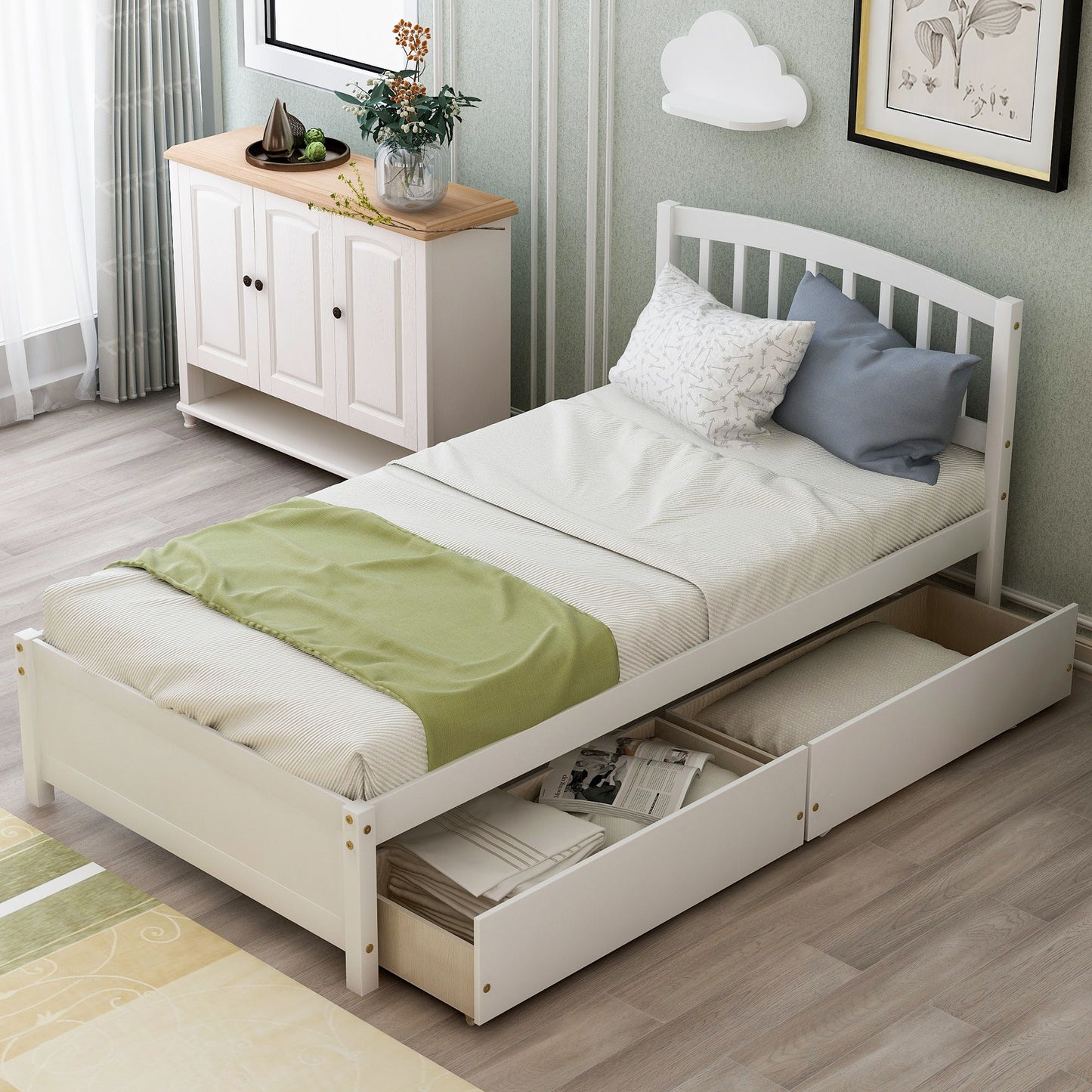 Twin Platform Storage Bed Frame With Two Drawers And Headboard - White