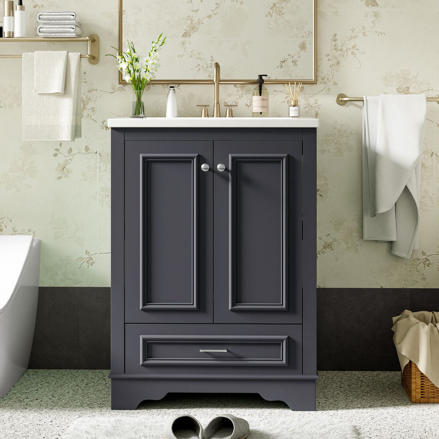Bathroom Vanity With Ceramic Sink Combo, Modern Freestanding Storage Cabinet With Silver Handles, Soft Closing Doors - Blue Gray