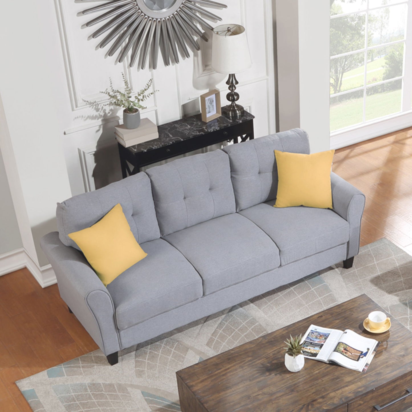 Modern Living Room Sofa Set Linen Upholstered Couch Furniture For Home Or Office - Light Gray / Blue