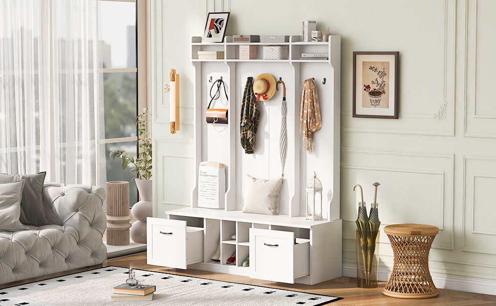 5 In 1 Entryway Bench With Coat Rack, 7 Sturdy Hooks, 2 Spacious Drawers And Adjustable Shelves, Wide Hall Tree With Metal Handles For Hallway - White