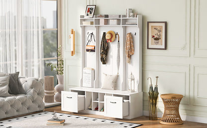 5 In 1 Entryway Bench With Coat Rack, 7 Sturdy Hooks, 2 Spacious Drawers And Adjustable Shelves, Wide Hall Tree With Metal Handles For Hallway - White