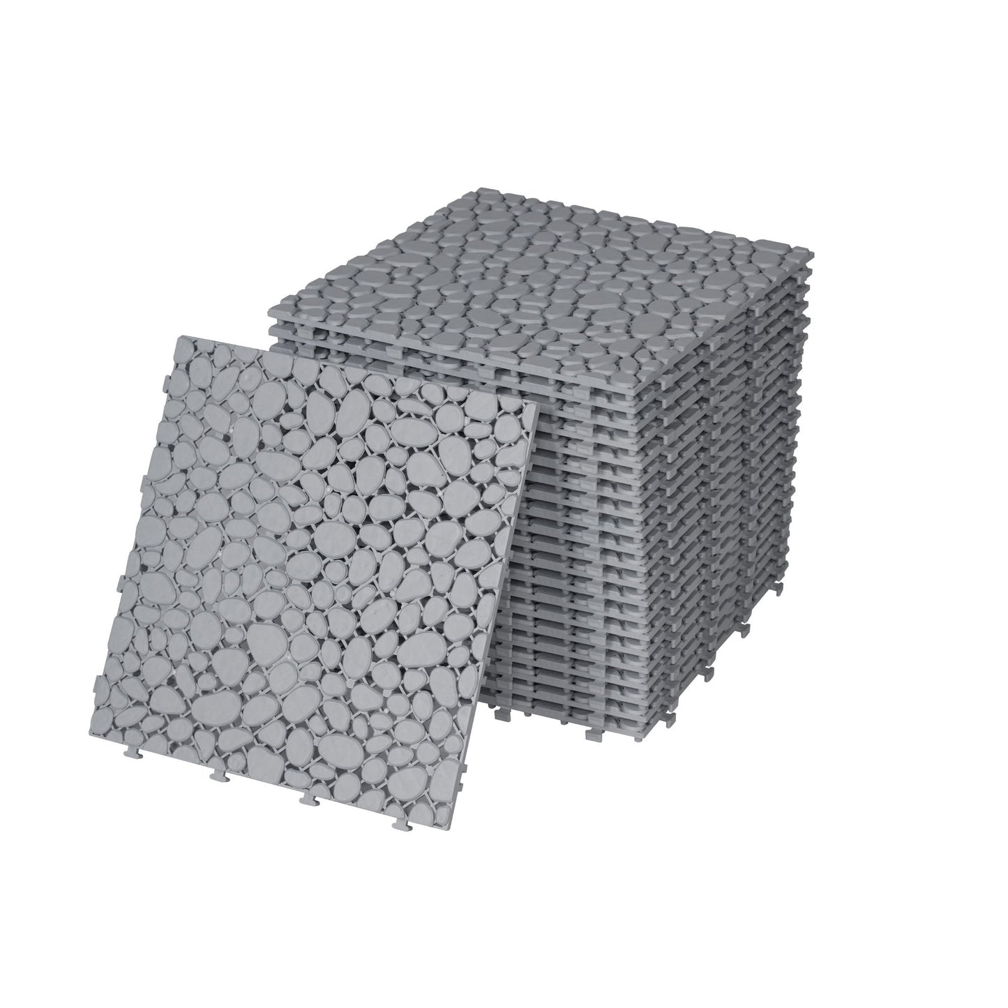 Interlocking Deck Tiles Plastic Waterproof Outdoor All Weather Anti-Slip Bathroom Shower Balcony Porch Strong Weight Capacity Upto 440 Lbs, Pebble Stone Pattern Pack Of 60 - Gray