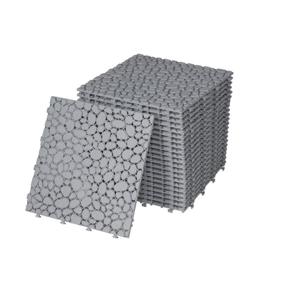 Interlocking Deck Tiles Plastic Waterproof Outdoor All Weather Anti-Slip Bathroom Shower Balcony Porch Strong Weight Capacity Upto 440 Lbs, Pebble Stone Pattern Pack Of 60 - Gray