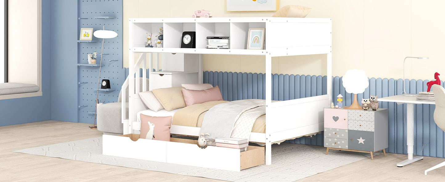 Twin Over Full Bunk Bed With Shelfs, Storage Staircase And 2 Drawers - White