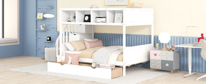 Twin Over Full Bunk Bed With Shelfs, Storage Staircase And 2 Drawers - White