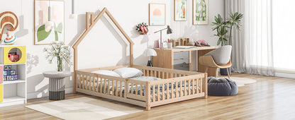 Full House-Shaped Headboard Floor Bed With Fence - Natural