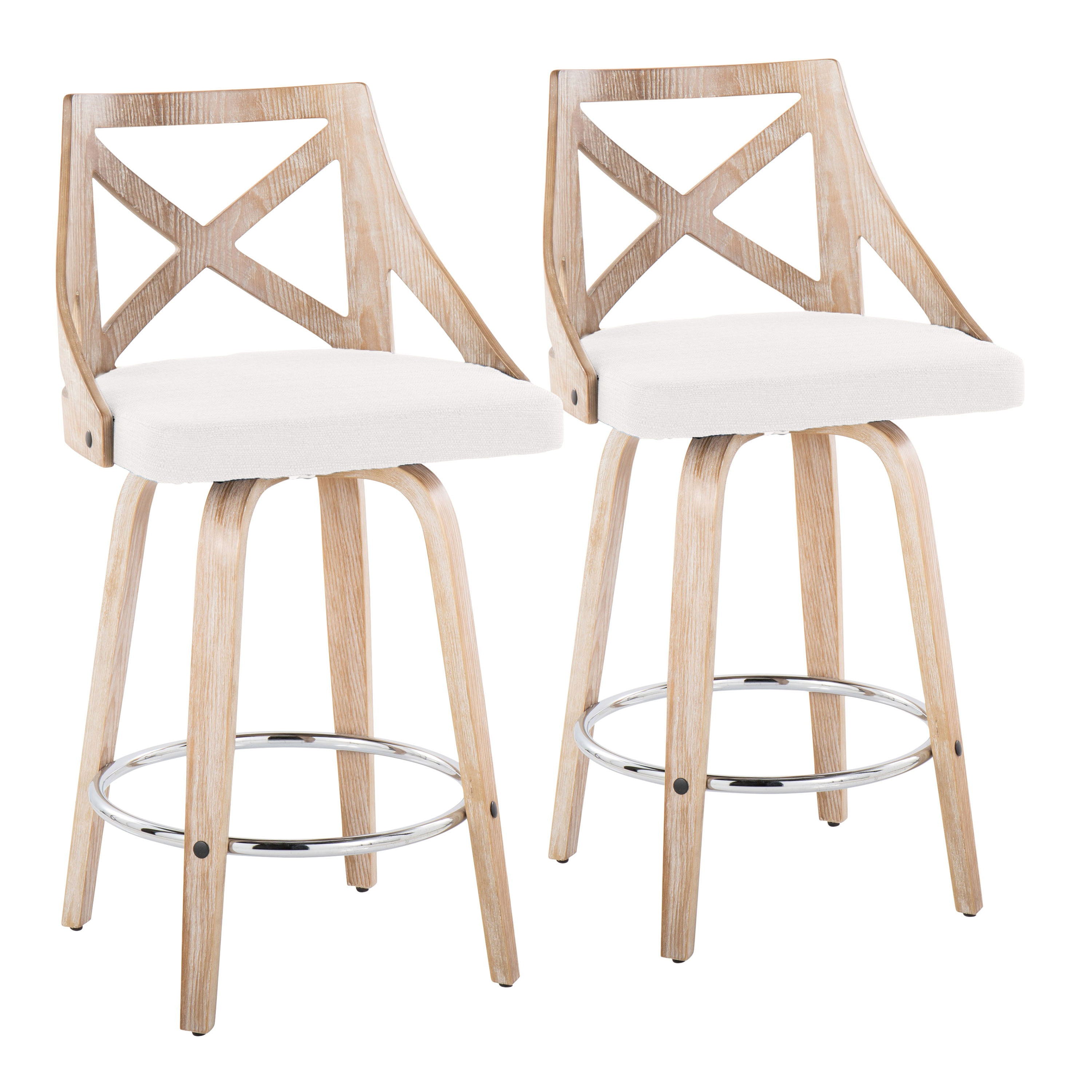 Charlotte - Farmhouse Fixed Height Counter Stool With Swivel Round Chrome Footrest (Set of 2) - White Washed / Cream