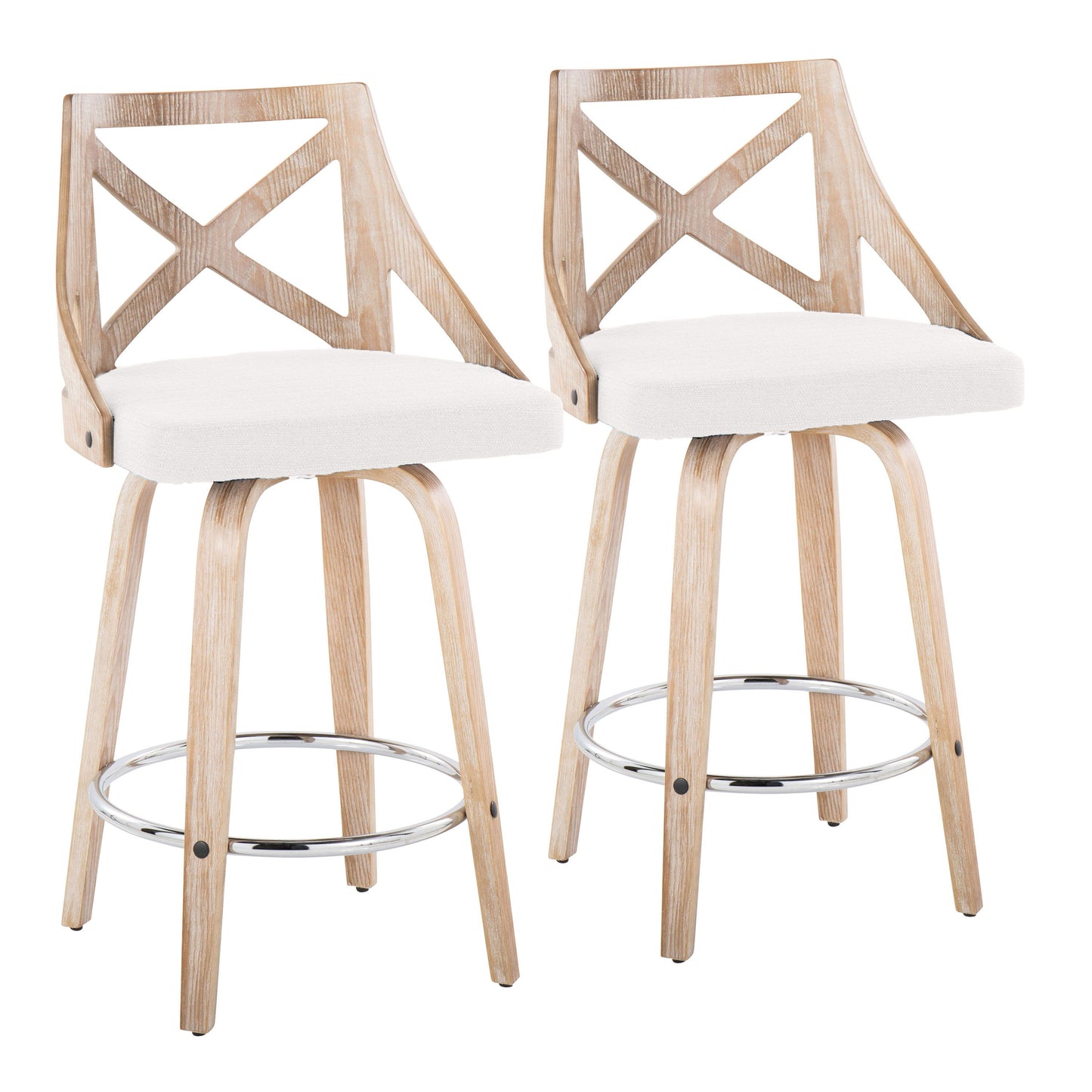 Charlotte - Farmhouse Fixed Height Counter Stool With Swivel Round Chrome Footrest (Set of 2) - White Washed / Cream