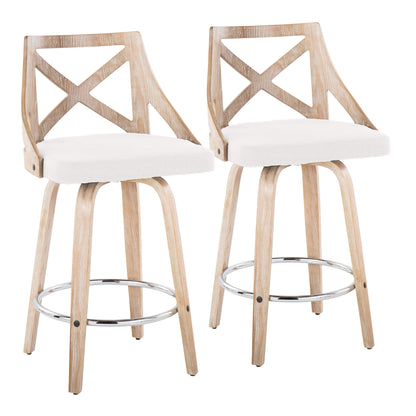 Charlotte - Farmhouse Fixed Height Counter Stool With Swivel Round Chrome Footrest (Set of 2) - White Washed / Cream