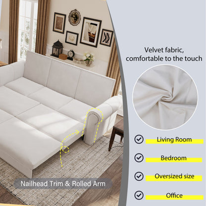 King Pull Out Sofa Bed, Chesterfield Sofa, 3 In 1 Velvet Convertible Sleeper Sofa With Nailhead Trim & Rolled Arm, Multifunctional Sofa Bed For Living Room - Beige