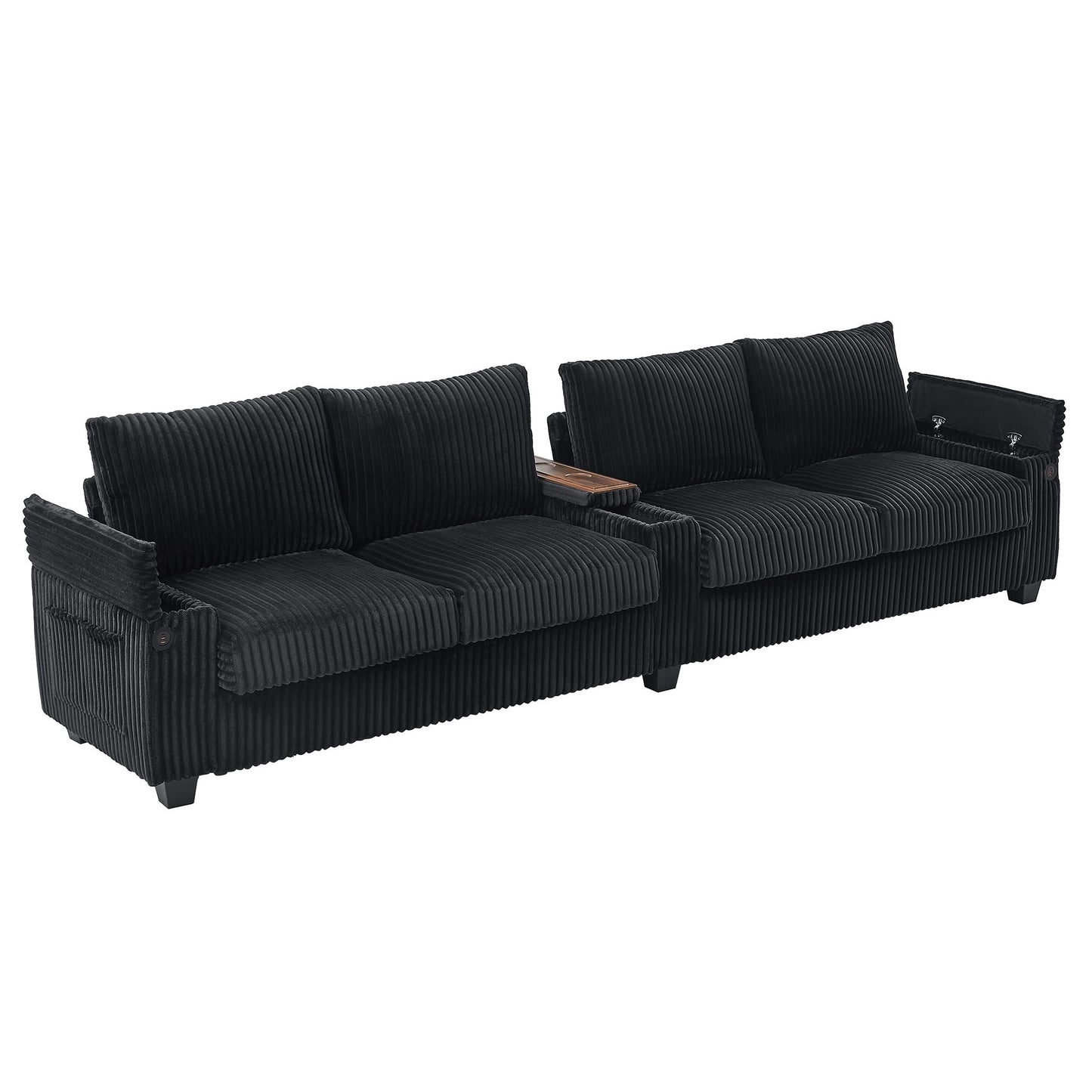 Modern 4 Seater Corduroy Sofa Couch With USB Ports And Hidden Storage - Black