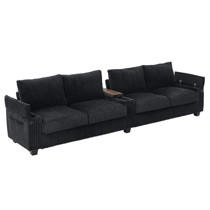 Modern 4 Seater Corduroy Sofa Couch With USB Ports And Hidden Storage - Black