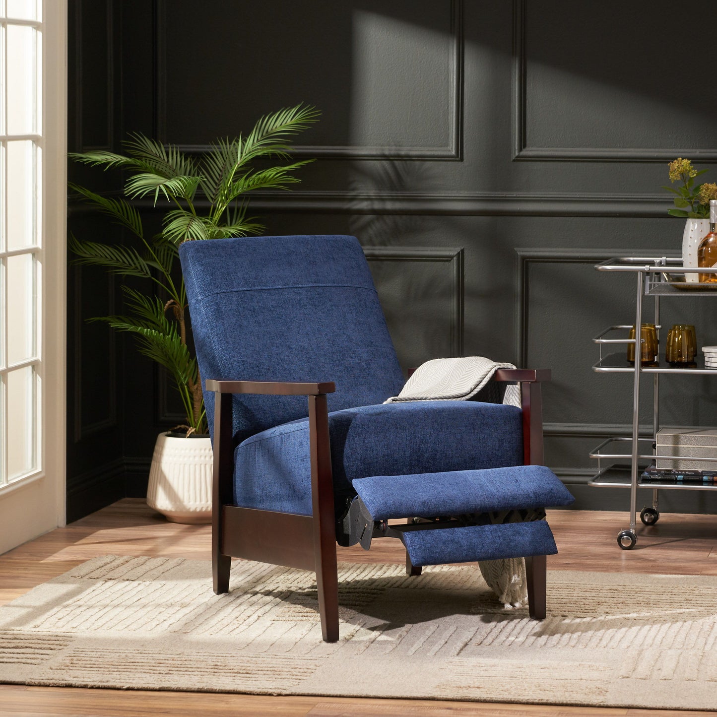 Wide Wood Hand Manual Club Recliner - Navy Blue