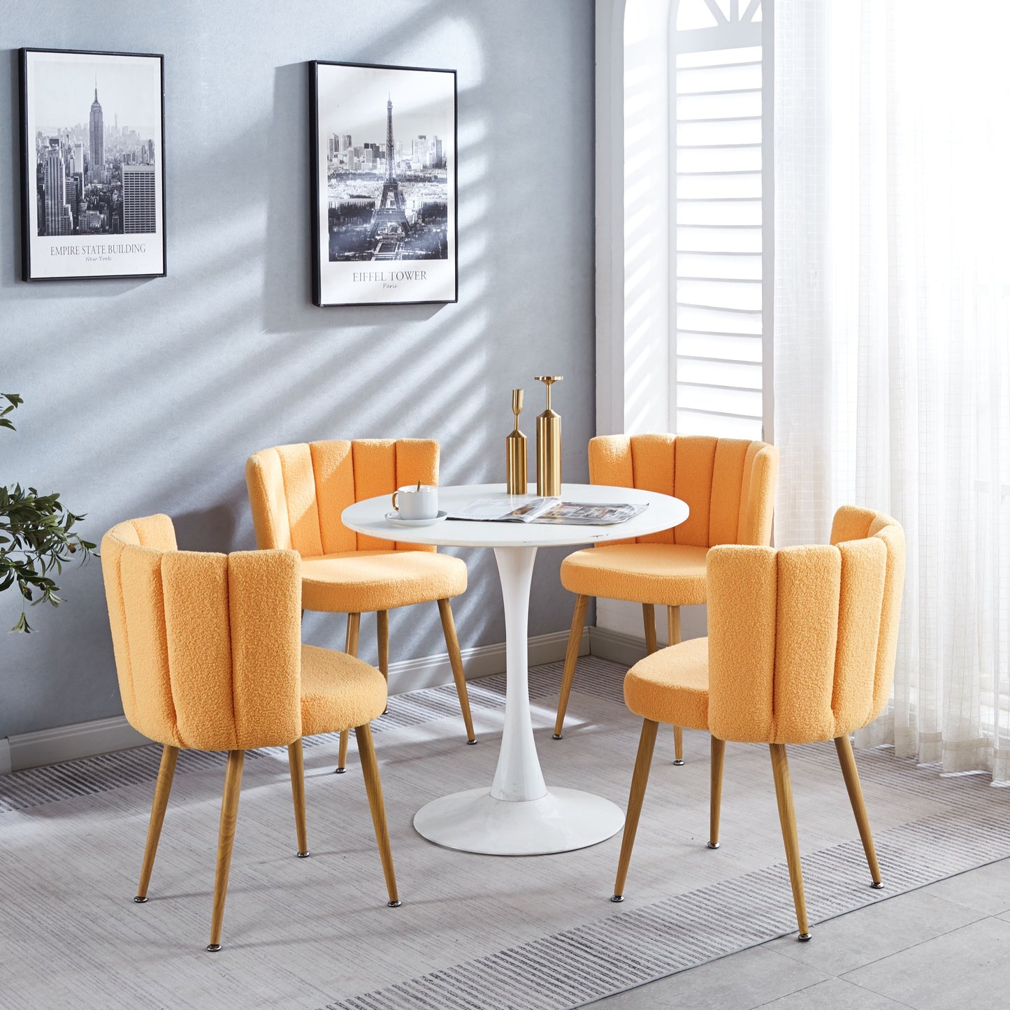 Modern Dining Chair (Set of 2) With Iron Tube Wood Color Legs, Shorthair Cushions And Comfortable Backrest, Suitable For Dining Room, Living Room, Cafe, Simple Structure - Yellow