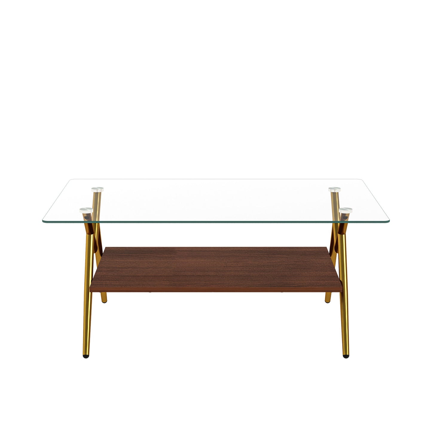 Rectangle Coffee Table With Tempered Glass Top And Golden Metal Legs, Modern Table For Living Room, Transparent Glass - Gold / Dark Brown