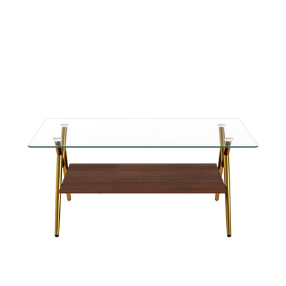 Rectangle Coffee Table With Tempered Glass Top And Golden Metal Legs, Modern Table For Living Room, Transparent Glass - Gold / Dark Brown