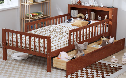 Twin Size Bed With Headboard Storage Rack, 2 Under Bed Drawers, 3 - Side Guardrails For Safety And Security - Walnut