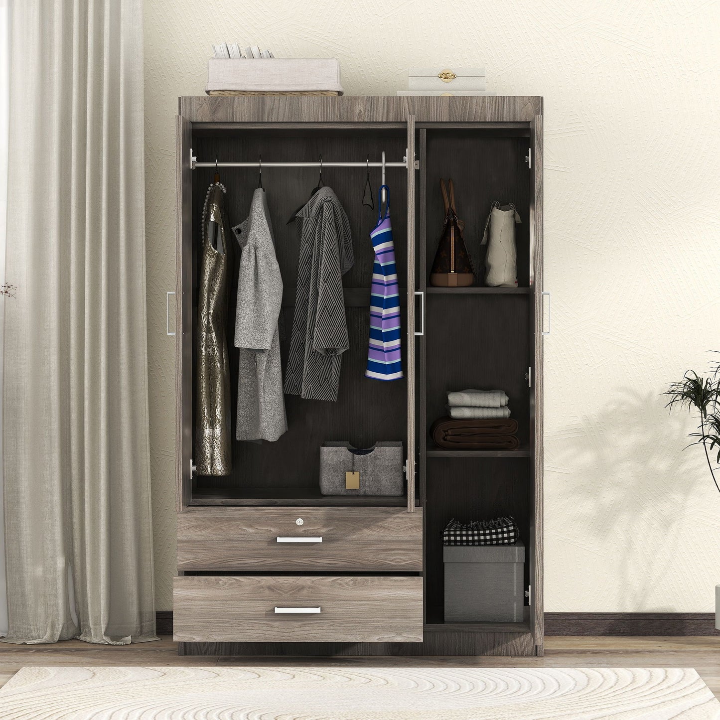 3 Door Wardrobe With 2 Drawers, Grain Effect - Gray