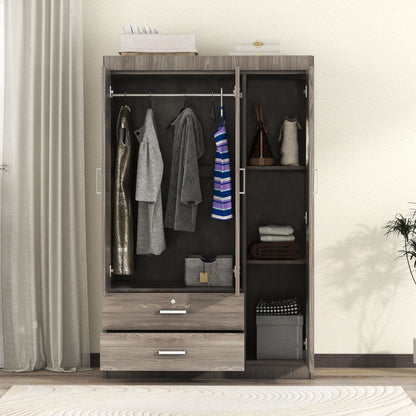 3 Door Wardrobe With 2 Drawers, Grain Effect - Gray