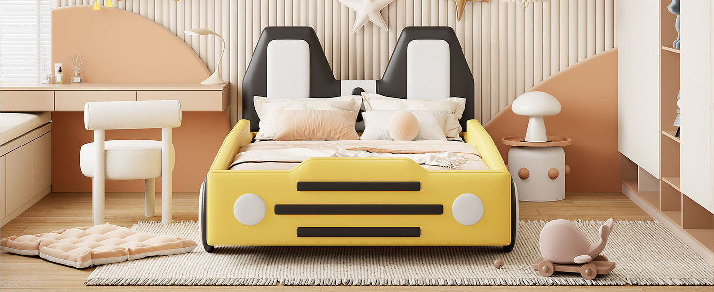 Twin Size Race Car Shaped Platform Bed With Wheels - Yellow