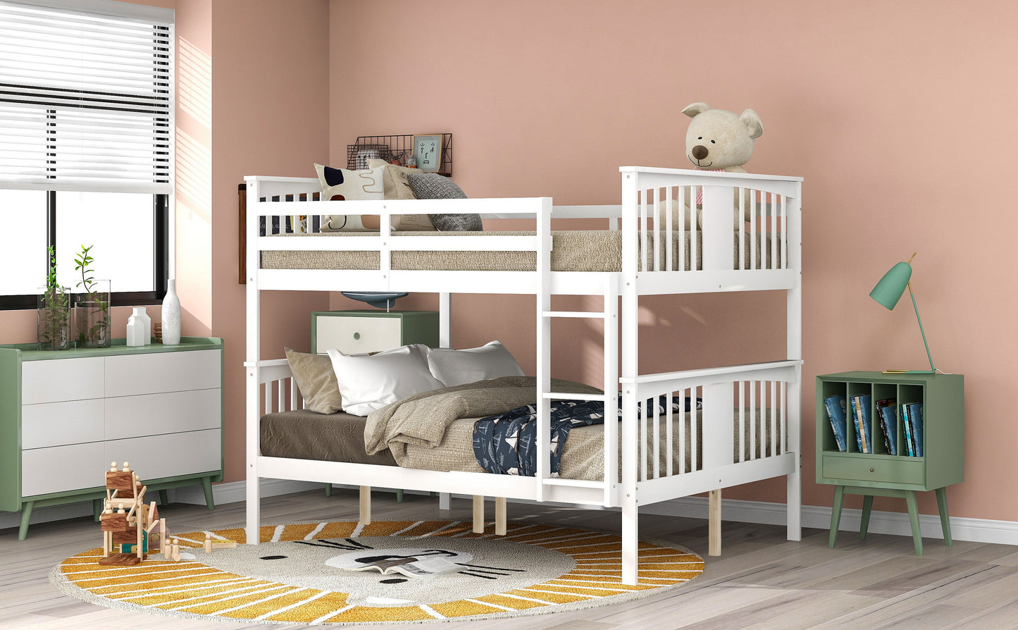 Full Over Full Bunk Bed With Ladder For Bedroom - White